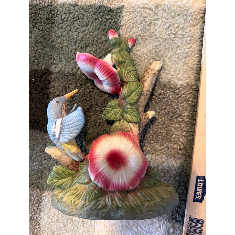 Vintage 1990 TMD Porcelain Hummingbird Figurine Blue Bird Pink Morning Glory 6in